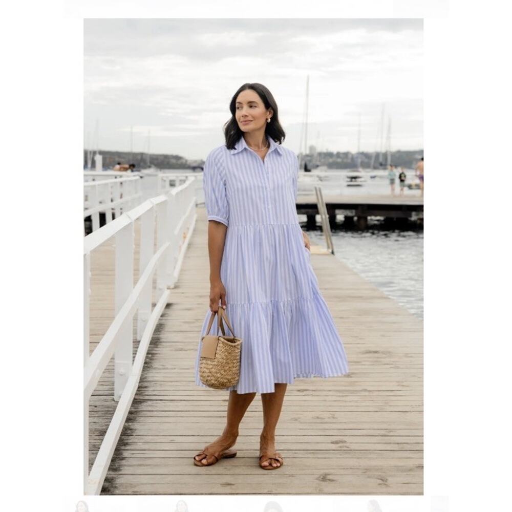 Maye Marnie Shirtdress Sundress Blue White Stripe Large Cotton Resort Lagenlook
